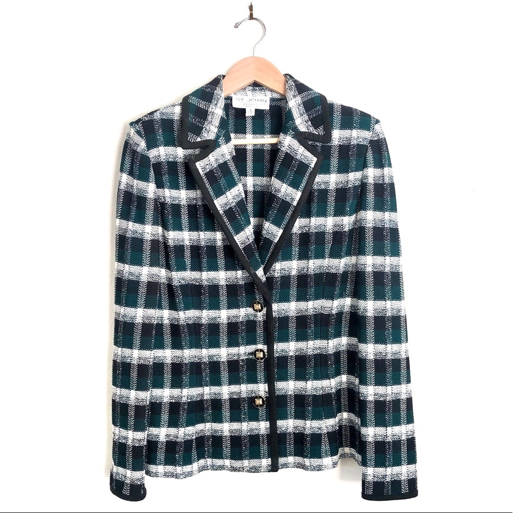 ST. JOHN Santana Knit Tartan Plaid Notched Lapel Blazer Jacket